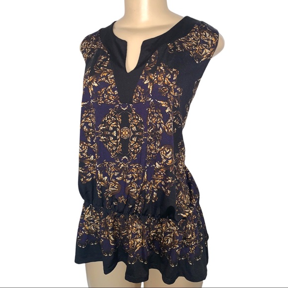 VTG Gold Leaf Swirl Patterned Sleeveless Peplum Blouse Flowy - Picture 4 of 5